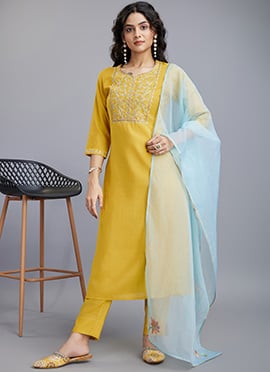 Beads And Hand Work Soft Cotton Straight Pant Suit