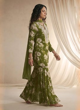 Beads Cutdana Stone Work Chinon Silk Sharara Suit In Green