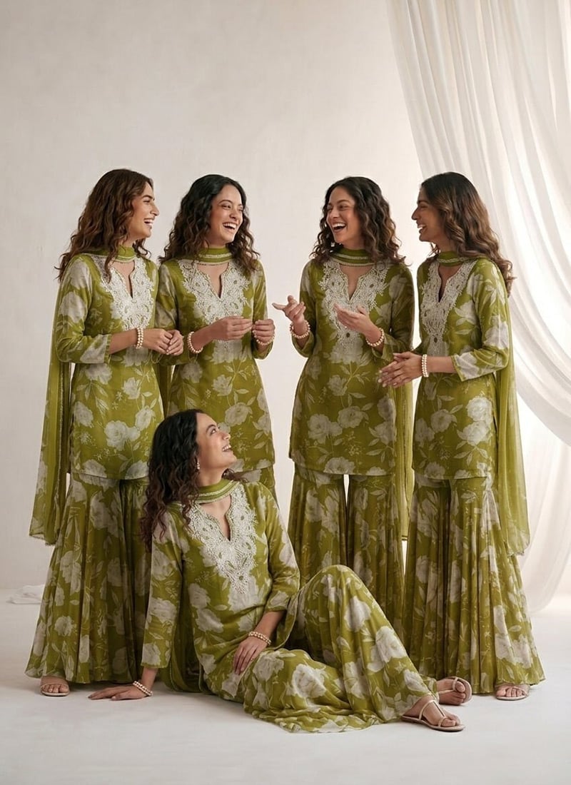 Beads Cutdana Stone Work Chinon Silk Sharara Suit In Green After Six Wear