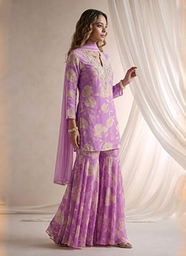 Beads Cutdana Stone Work Chinon Silk Sharara Suit In Lavender