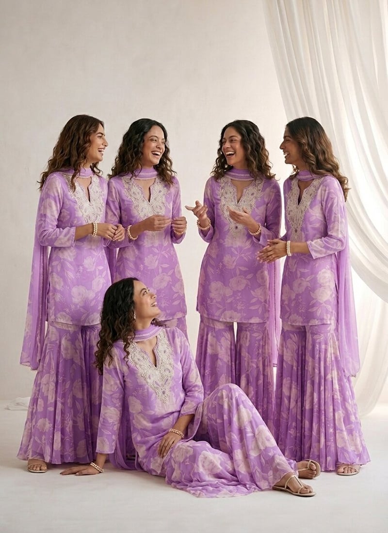 Beads Cutdana Stone Work Chinon Silk Sharara Suit In Lavender After Six Wear