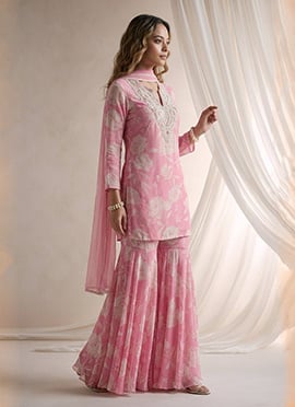 Beads Cutdana Stone Work Chinon Silk Sharara Suit In Pink