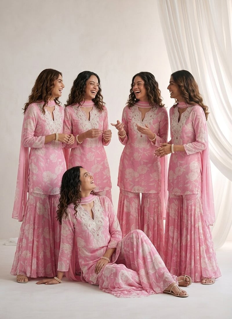 Beads Cutdana Stone Work Chinon Silk Sharara Suit In Pink After Six Wear