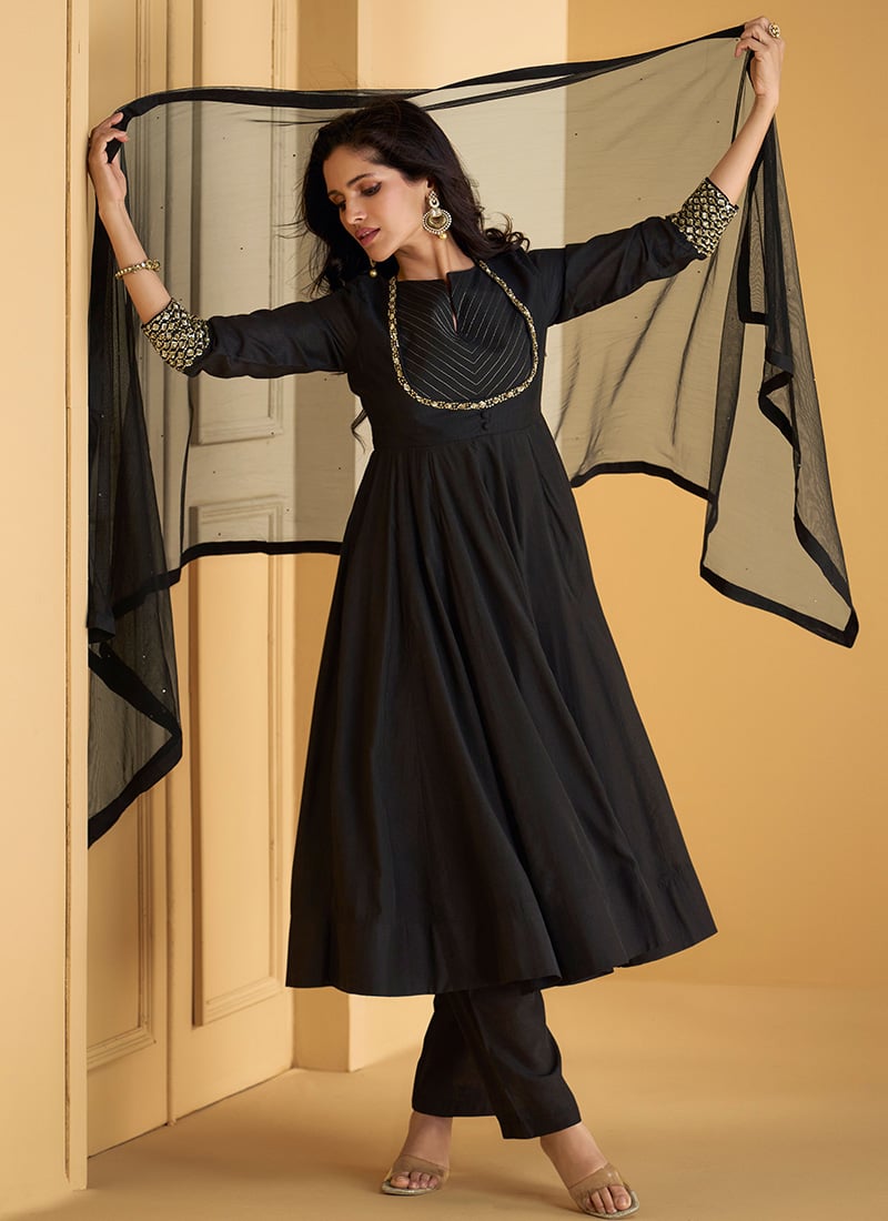 Beautiful Anarkali Suit With Dupatta In Black Silk Cotton Embroidered For Women Party Wear
