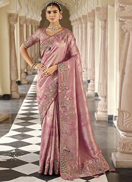 Beautiful Baby Pink Soft Silk Zari Weaving Heavy Thread Embroidery Khatli Work Saree