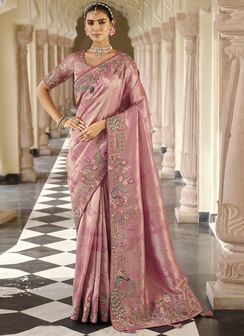 Beautiful Baby Pink Soft Silk Zari Weaving Heavy Thread Embroidery Khatli Work Saree Wedding Wear