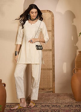 Beautiful Beige Khadi Silk Embroidered IndoWestern Co Ord Set