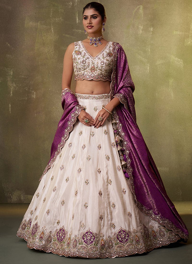 Beautiful Beige Tissue Embroidered Sequins And Beads Work Lehenga Wedding Wear
