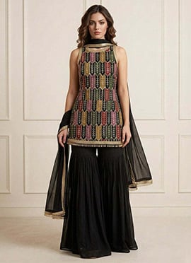 Beautiful Black Faux Georgette Embroidered Sharara Suit