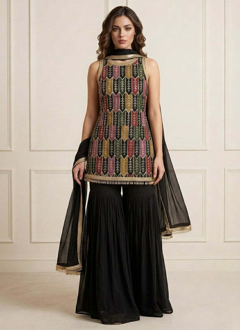 Beautiful Black Faux Georgette Embroidered Sharara Suit Festive Wear