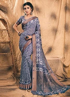 Beautiful Blue Chanderi Silk Batik Print Saree