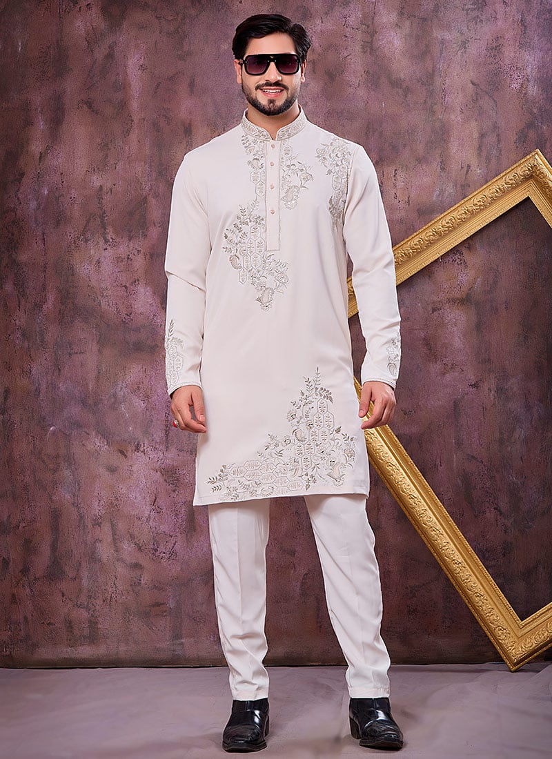 Beautiful Cream Armani Embroidered Thread Mirror Work Kurta Pyjama Festive Wear