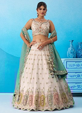 Beautiful Cream Tissue Embroidered Sequins Beads Work Lehenga