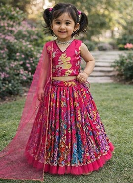 Beautiful Dark Pink Heavy Natural Crepe Print Embroidery Work Kids Girls Umbrella Lehenga