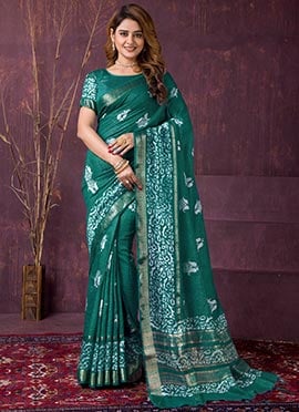 Beautiful Green Chanderi Silk Batik Print Saree