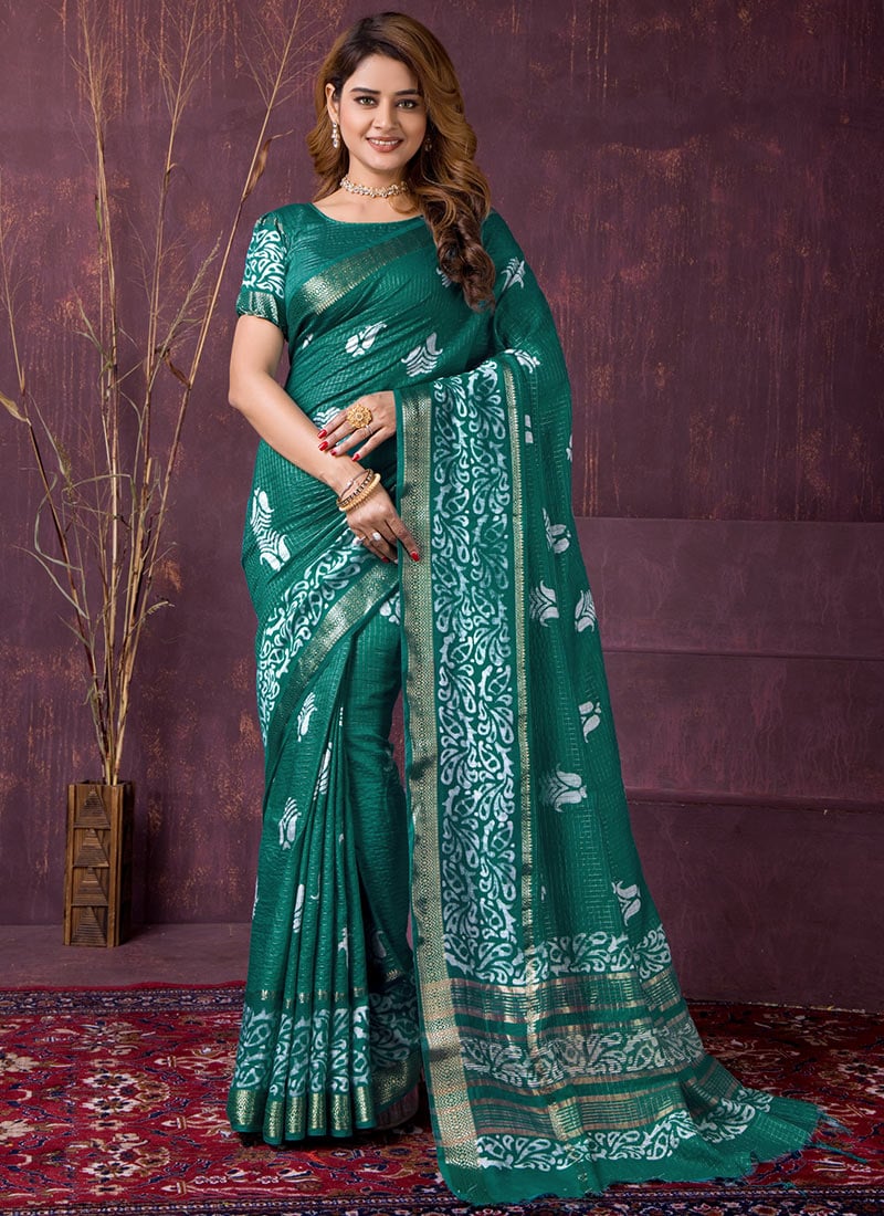 Beautiful Green Chanderi Silk Batik Print Saree After Six Wear
