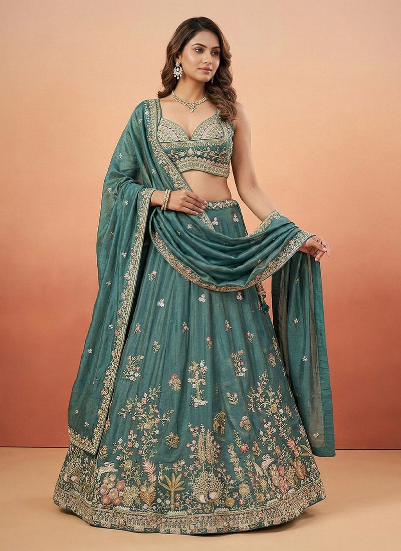 Beautiful Green Tissue Embroidered Umbrella Lehenga Wedding Wear
