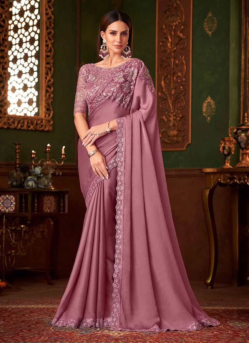 Beautiful Mauve Georgette Zari Embroidered Sequins Saree Wedding Wear