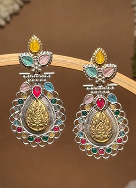 Beautiful Multicolored Lotus Engraved Kundan Dangler Earrings
