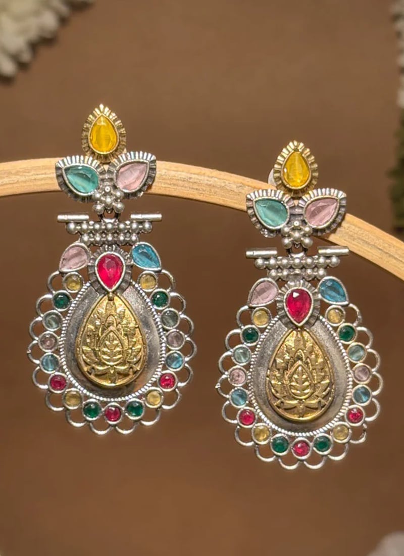 Beautiful Multicolored Lotus Engraved Kundan Dangler Earrings Festive Wear