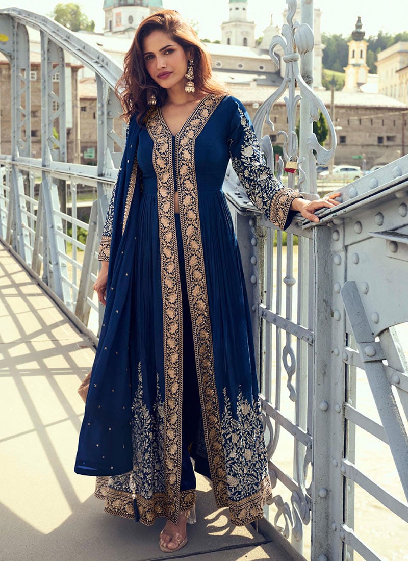 Beautiful Navy Blue Chinon Embroidered Sequins Anarkali Suit Festive Wear