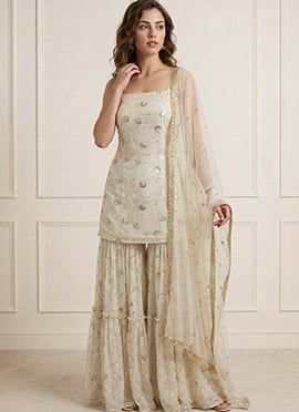 Beautiful Off White Faux Georgette Embroidered Sharara Suit