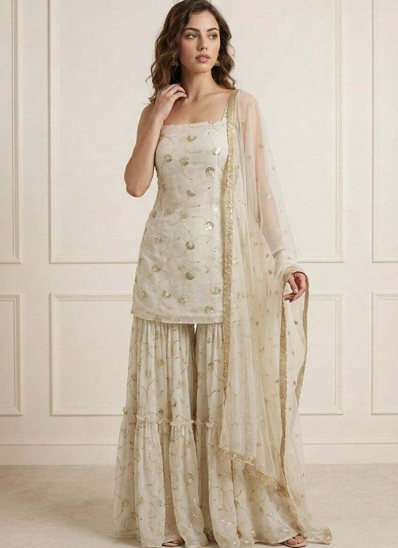Beautiful Off White Faux Georgette Embroidered Sharara Suit Festive Wear