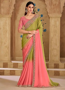 Beautiful Onion Pink Georgette Embroidered Sequins Zari Saree