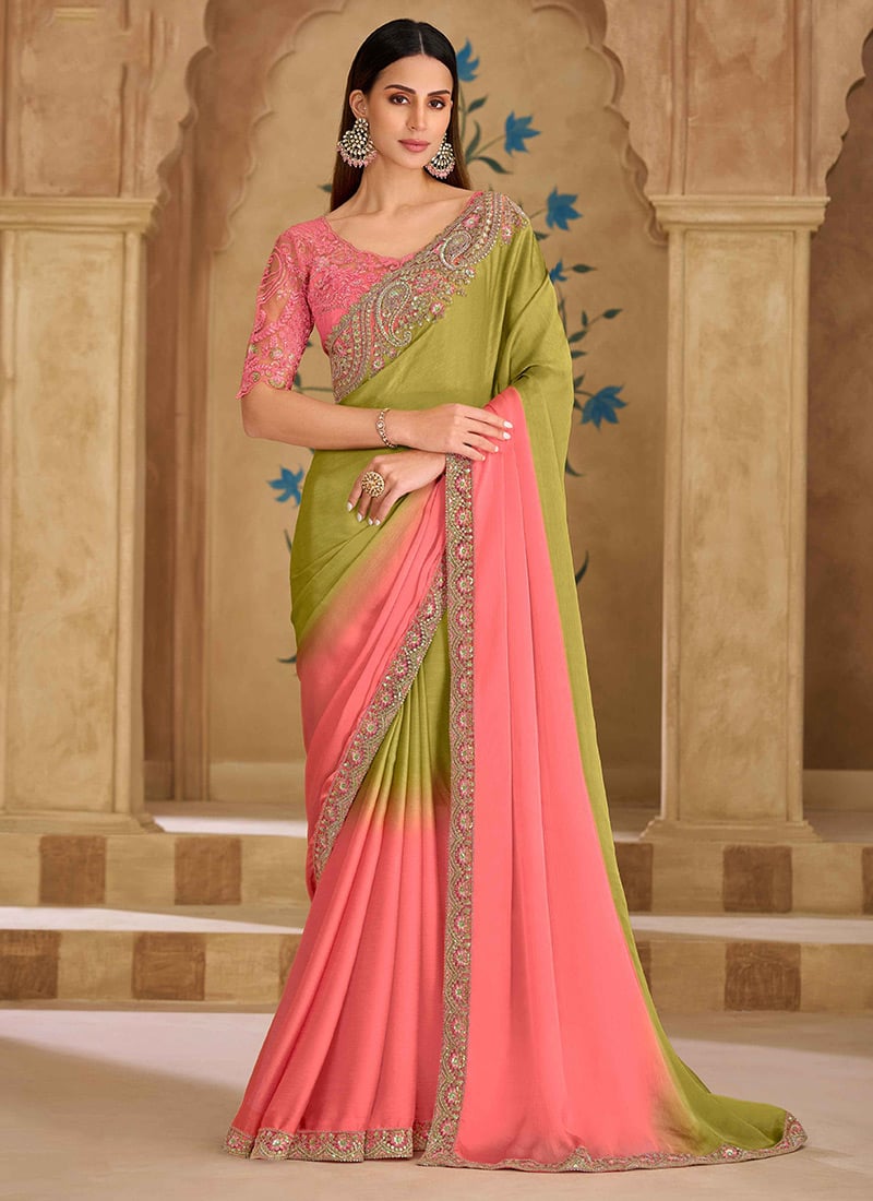 Beautiful Onion Pink Georgette Embroidered Sequins Zari Saree Wedding Wear