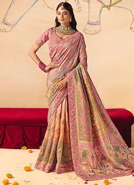Beautiful Peach Dola Silk Zari Embroidered Sequins Cut Work Jacquard Print Saree