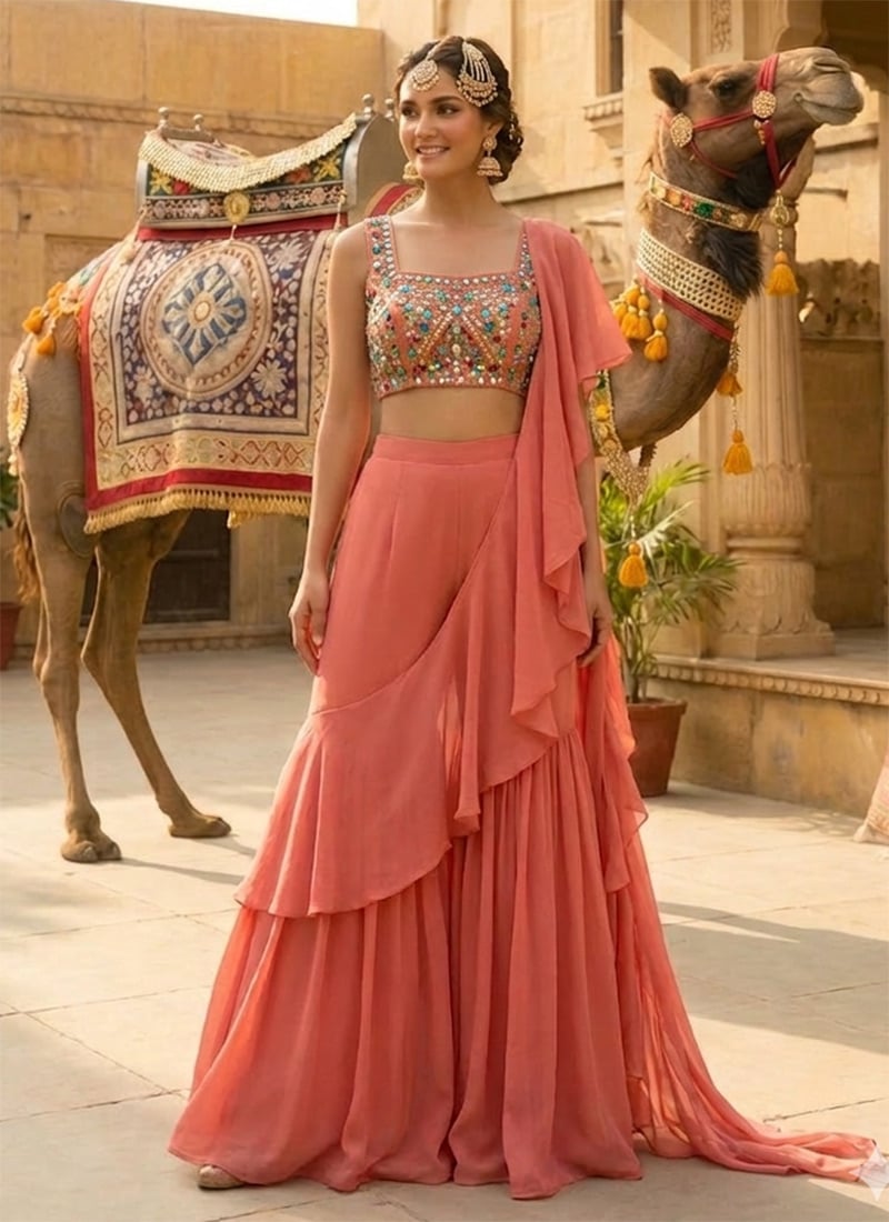 Beautiful Peach Georgette Beads Stones Hand Embroidered Palazzo Style  Saree Wedding Wear