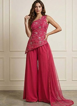 Beautiful Pink Art Silk Embroidered Palazzo Suit
