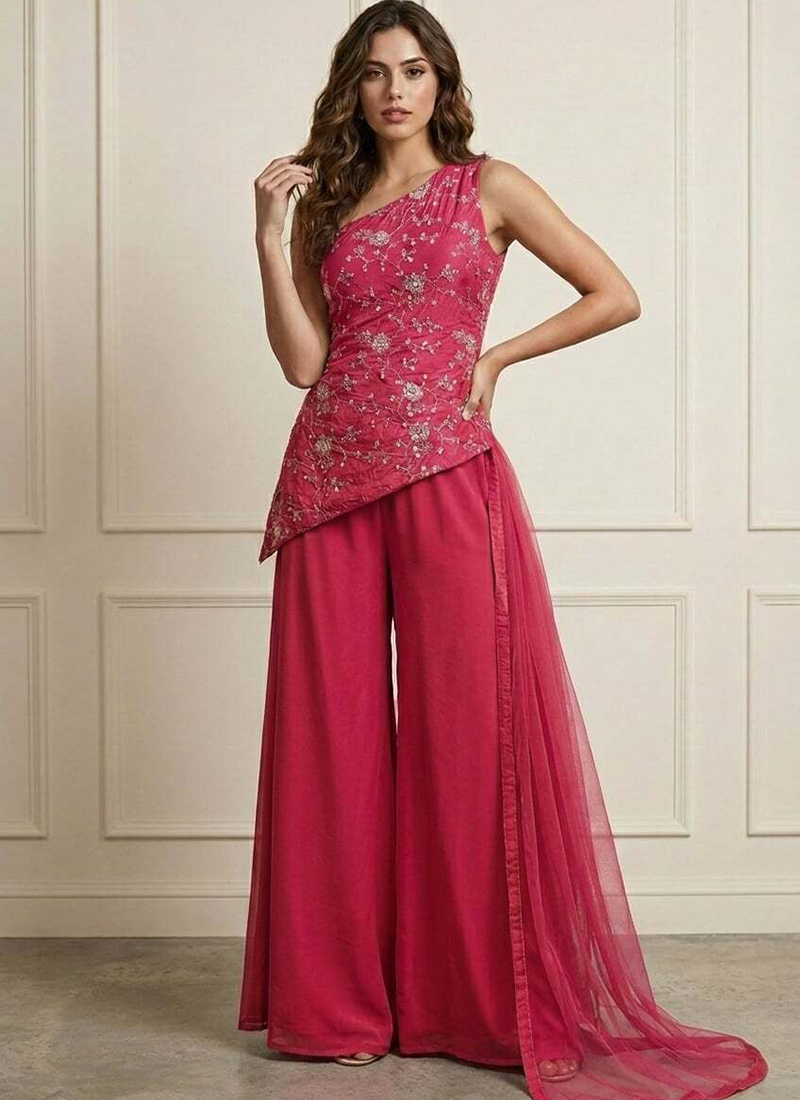 Beautiful Pink Art Silk Embroidered Palazzo Suit Festive Wear
