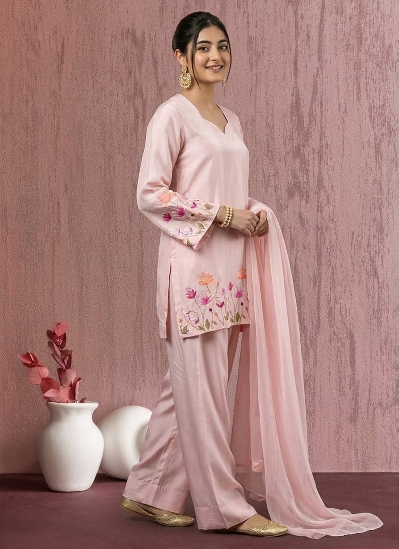 Beautiful Pink Art Silk Resham Embroidered Salwar Suit After Six Wear
