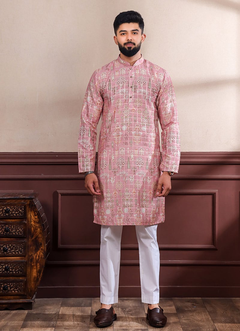 Beautiful Pink Cotton Printed Kurta Pyjama Festive Wear