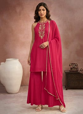 Beautiful Pink Faux Georgette Resham Embroidered Palazzo Suit