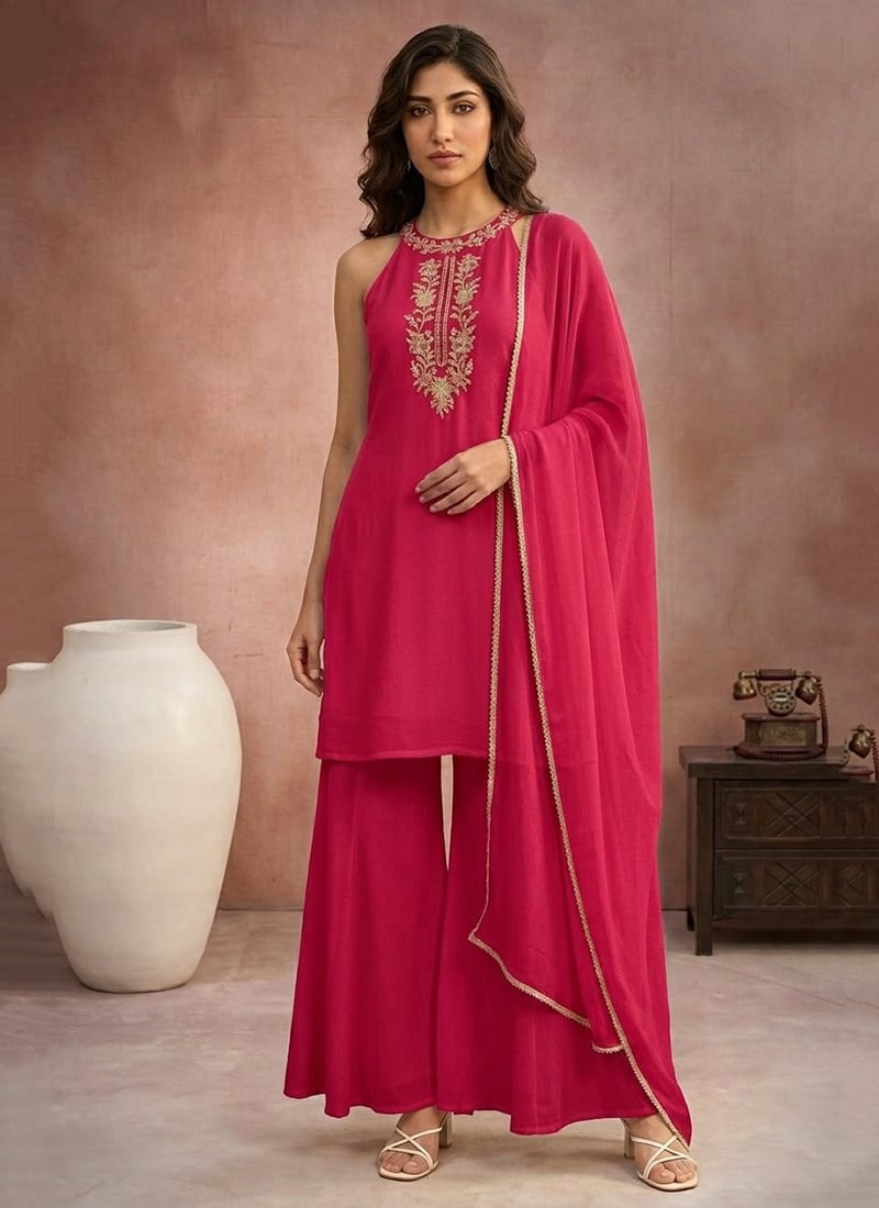 Beautiful Pink Faux Georgette Resham Embroidered Palazzo Suit Festive Wear
