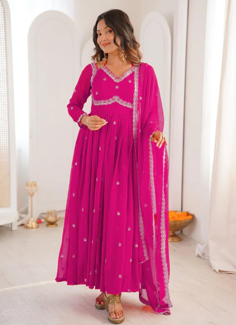 Beautiful Pink Georgette Embroidered Anarkali Suit After Six Wear