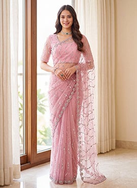 Beautiful Pink Net Sequins Saree