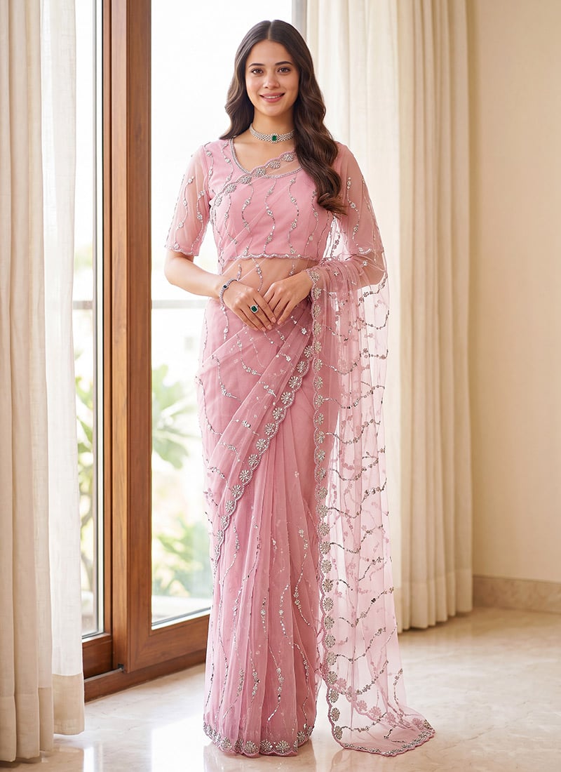 Beautiful Pink Net Sequins Saree After Six Wear