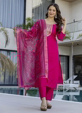 Beautiful Rani Pink Chanderi Cotton Embroidered Printed Straight Pant Suit