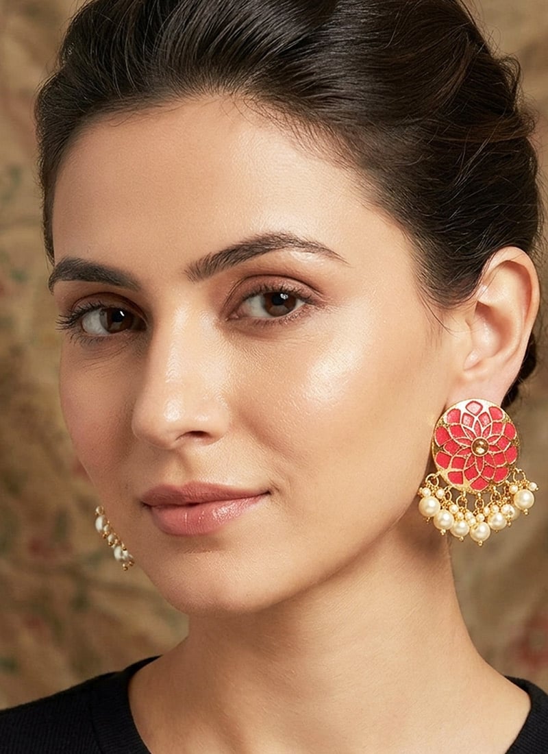 Beautiful Red Enamelled Floral Shape Pearl And Stone Studs After Six Wear