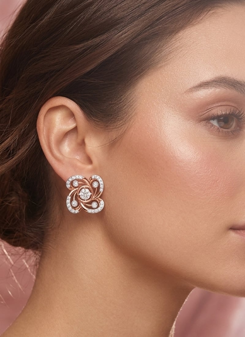 Beautiful Rose Gold Plated 925 Sterling Silver Moissanite Stone Stud Earrings Wedding Wear