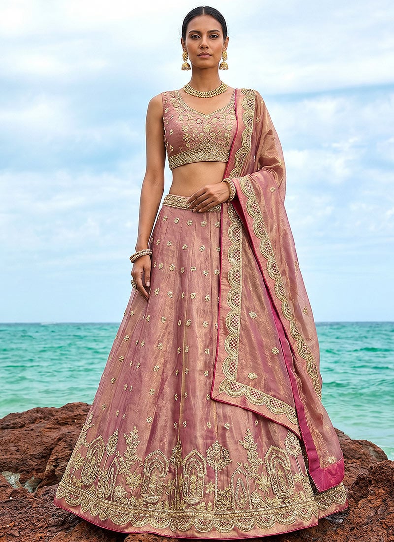 Beautiful Rose Gold Tissue Embroidered Umbrella Lehenga Wedding Wear