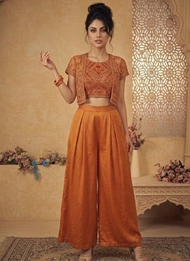 Beautiful Rust Silk Beads Resham Sequins Indowestern Set And Suit