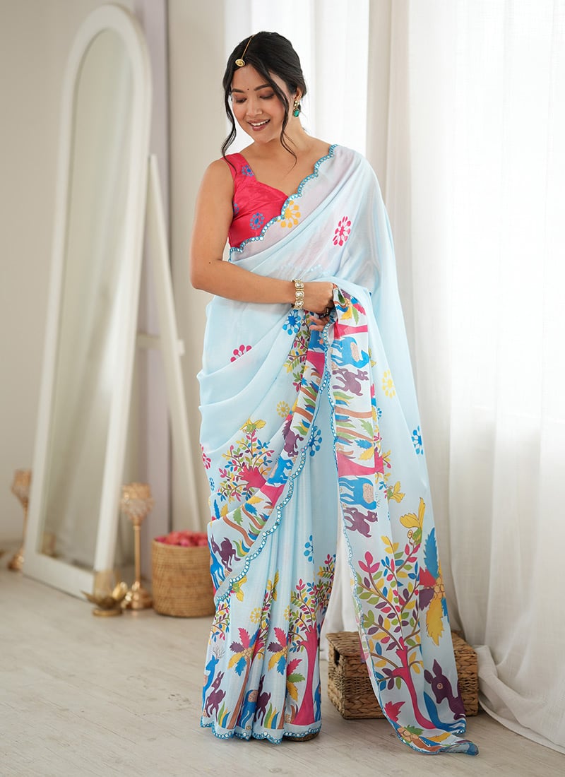 Beautiful Sky Blue Chinon Mirror Work Printed Saree After Six Wear