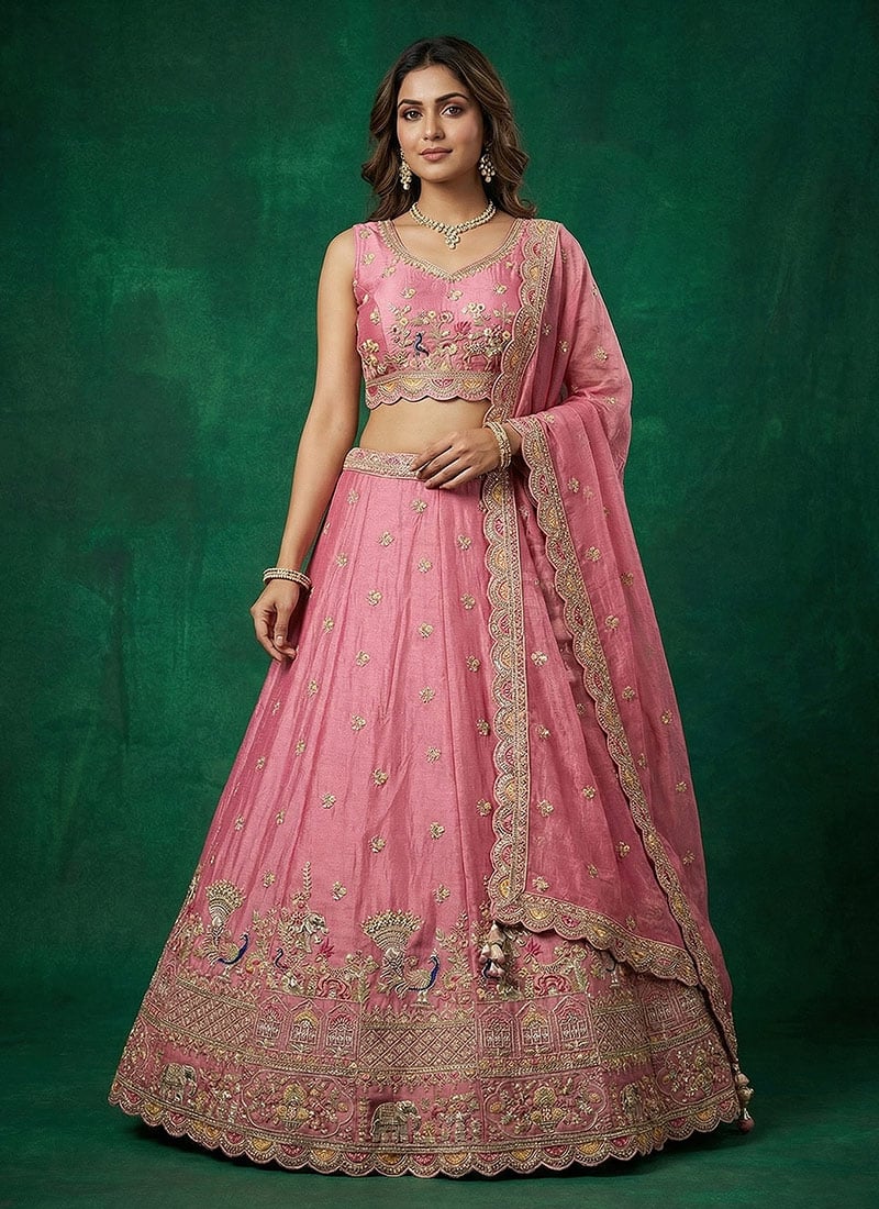 Beautiful Turquoise Tissue Embroidered Umbrella Lehenga Wedding Wear