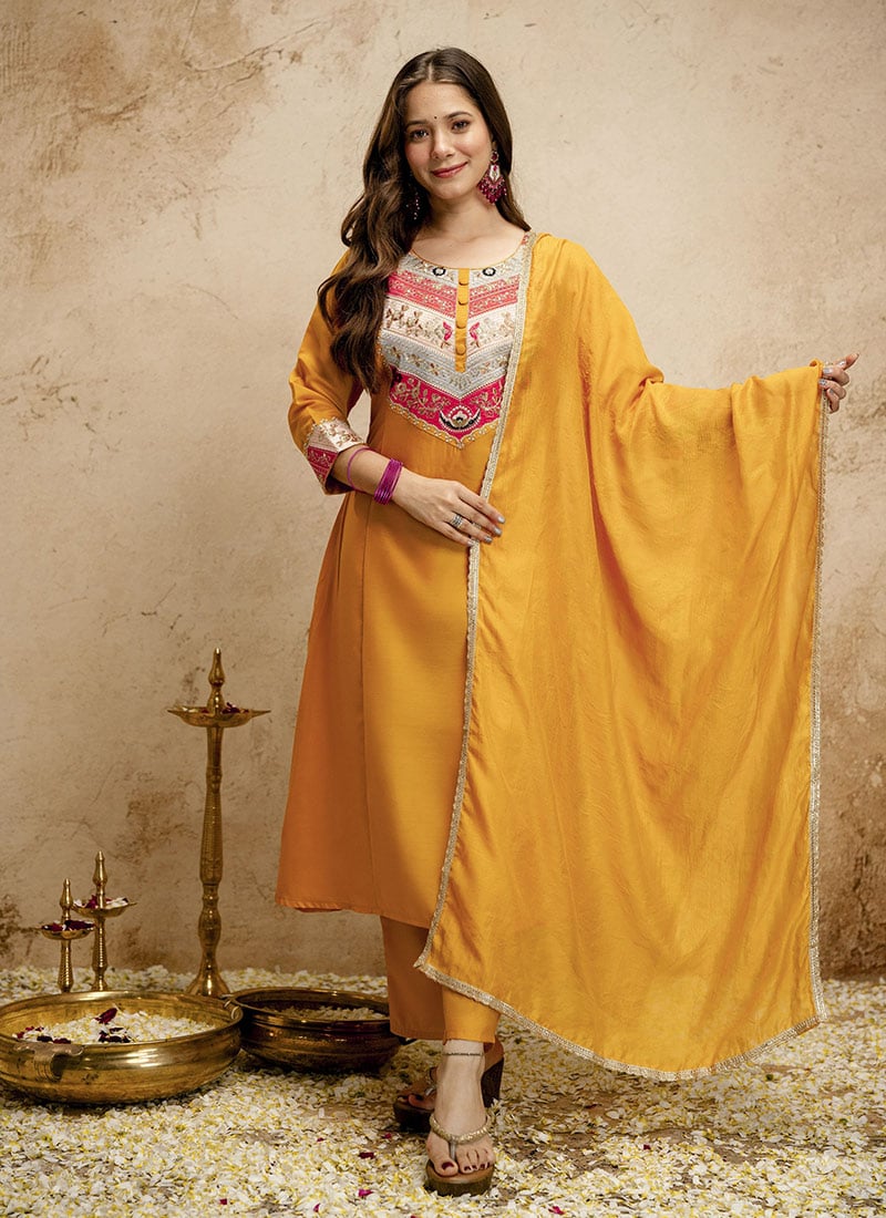 Beautiful Yellow Chanderi Embroidered Straight Pant Suit After Six Wear