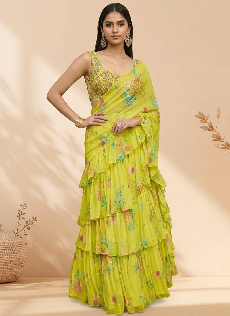 Beautiful Yellow Faux Georgette Hand Embroidered Stones Sequins Saree Wedding Wear
