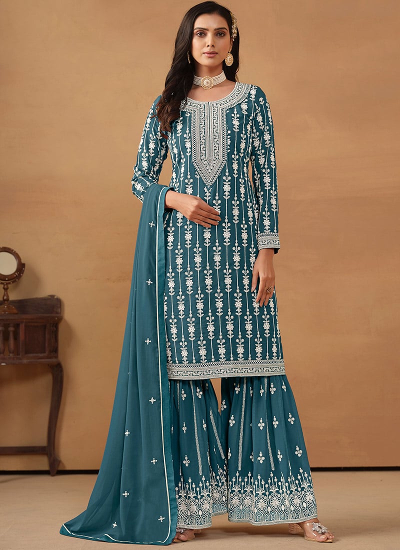 Beautifull Embroidered Sequins Georgette Sharara Suit Party Wear